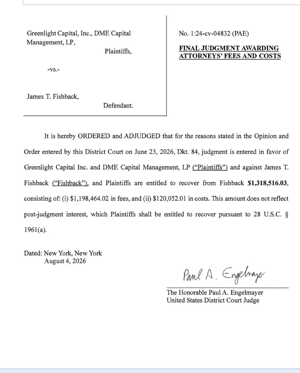 Judge orders James Fishback to pay his former hedge fund employer $1.3M